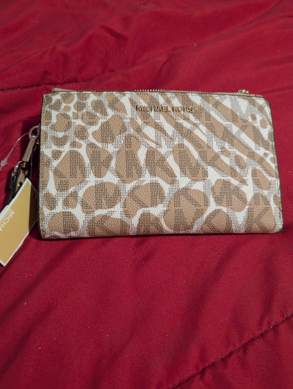 Michael Kors Tan and White Animal Print Zip Wallet